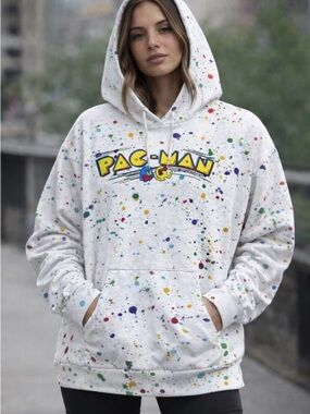Pac-Man Oversized Hoodie 2XL Paint Splatter Graphic Retro Arcade Y2K Gamer UNISX